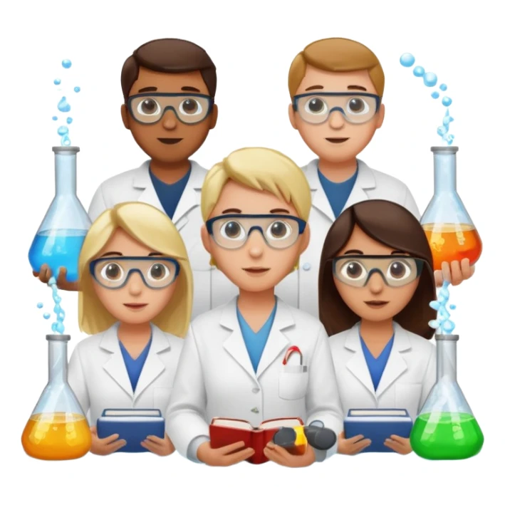 The team of scientists is waist-deep, surrounded by chemical flasks and books sticker