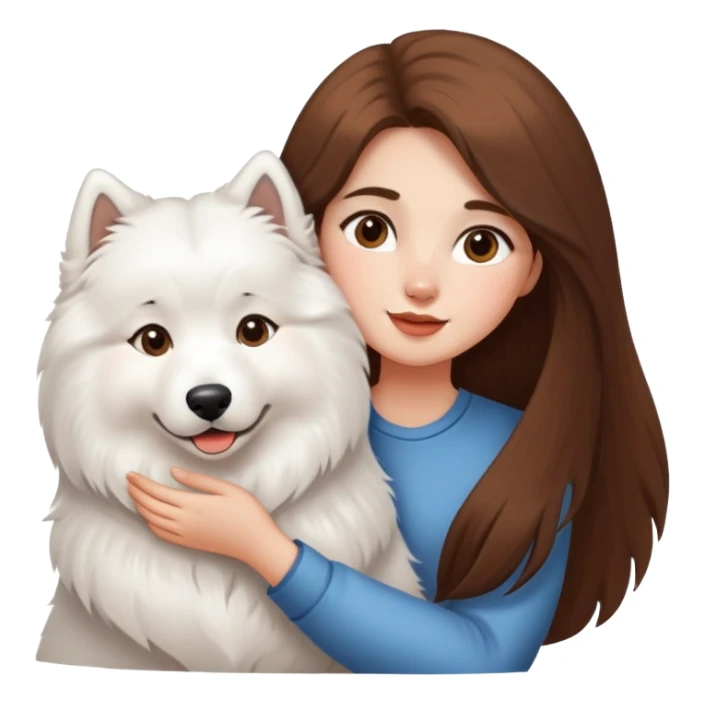 A girl with long brown hair holding a Samoyed sticker