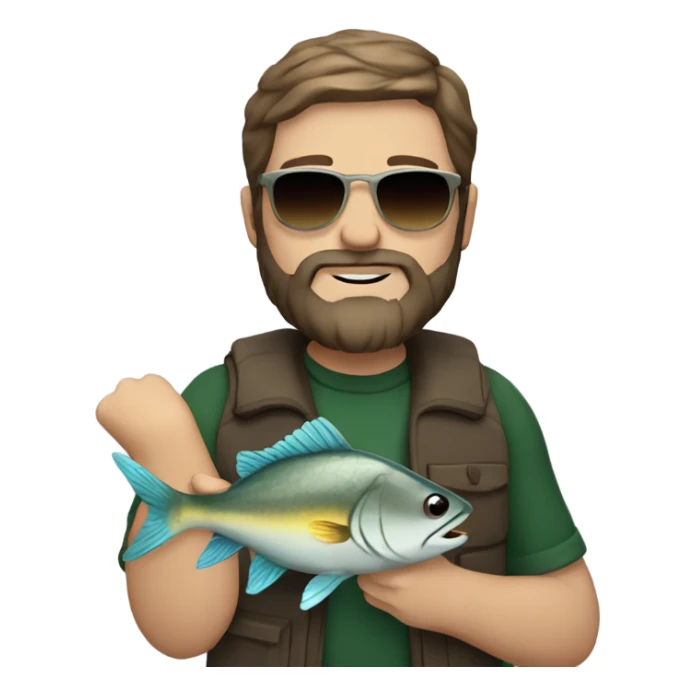White man brown hair with a beard and sunglasses on holding a fish sticker