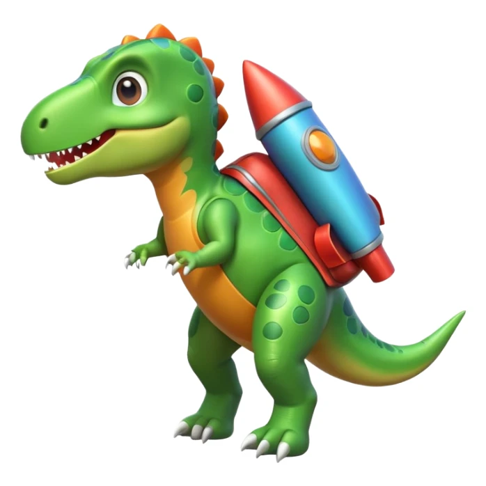 cute toy-like rocket-propelled dinosaur, rounded shapes, glossy texture, colorful rocket backpack, happy expression, 3D cartoon, mobile game icon style, clean background, no text, no watermark
 sticker