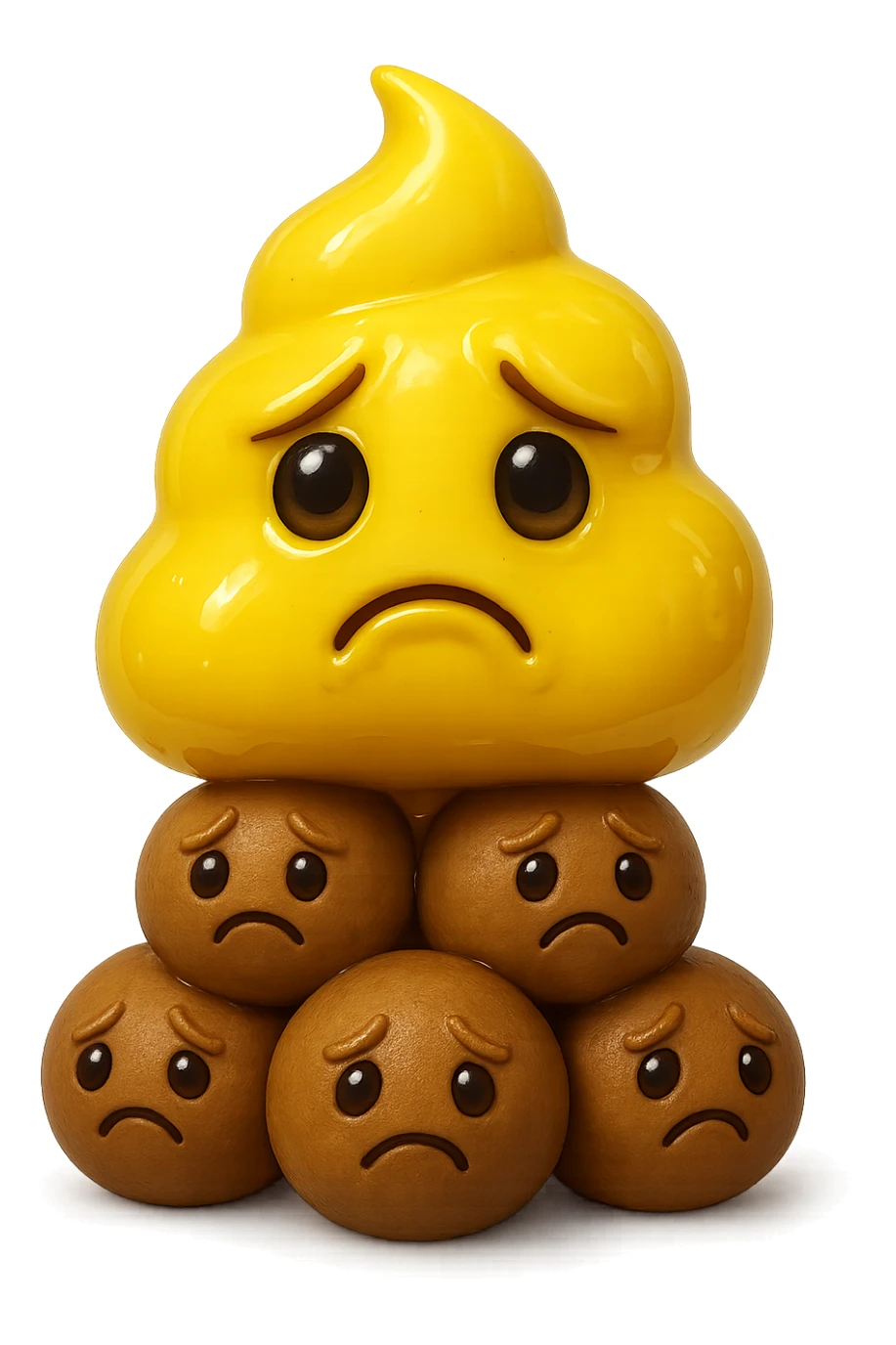 emoji stile iphone di una cacca giallina e liquida con espressione triste, sopra una montagnetta di feci a palline con espressione triste, iperrealistico 4k sticker