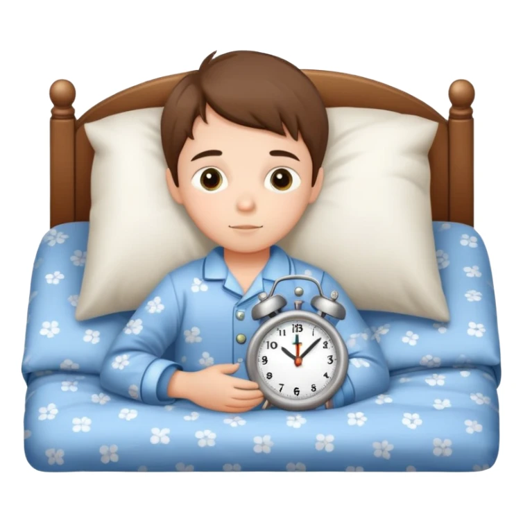 child tucked in bed with a clock showing bedtime, simple and cute sticker