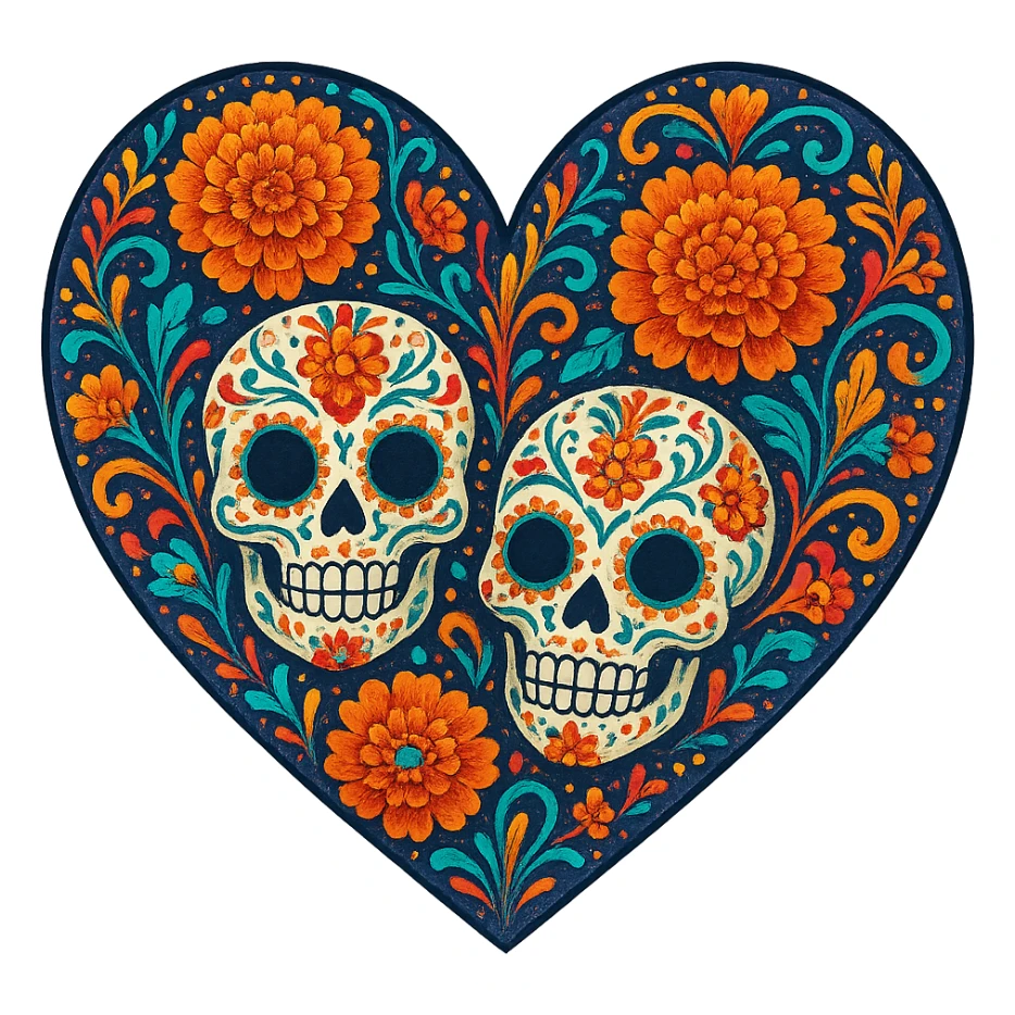 heart with Day of the Dead theme, decorated with sugar skull patterns, marigold flowers, colorful and intricate sticker