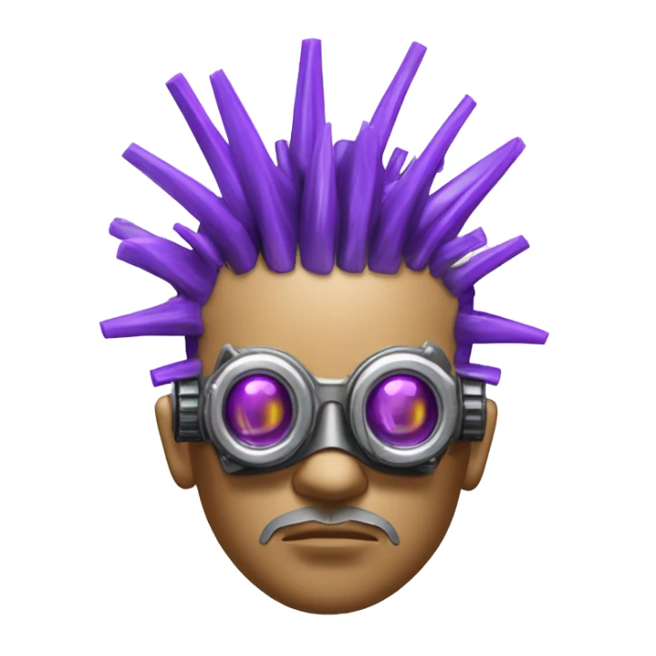 Purple mohawk cyborg head with silver steampunk goggles, goatee and circuits sticker