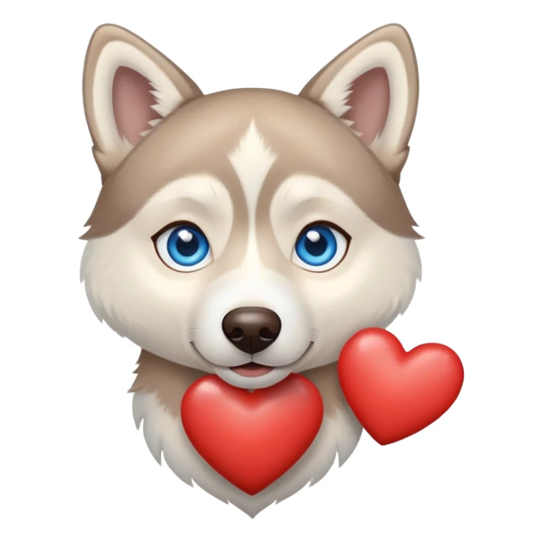 Beige husky with blue eyes holding a brown heart sticker