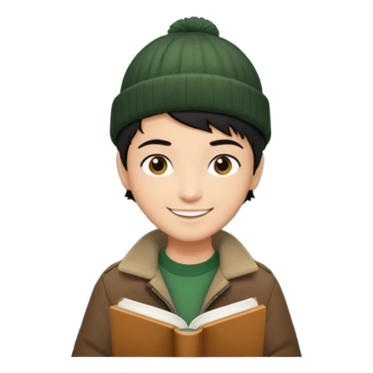 tan skin, non binary man with pixie cut black hair, wearing brown jacket and dark green beanie, smiling , holding up  book  sticker