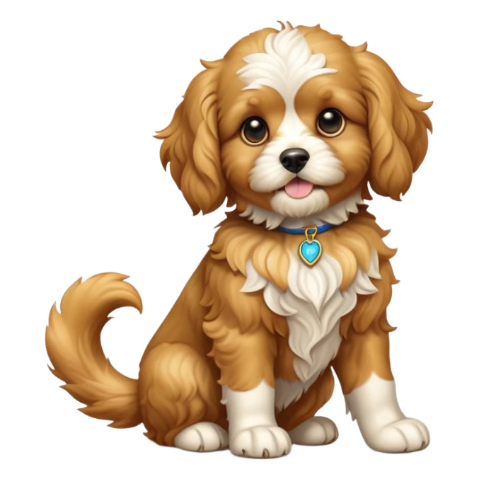 cinematic-[cavoodle dog]-realistic-full-body-sitting-emoji,-tail-resting-loosely-beside-its-paws,-head-tilted-dramatically,-wavy-[solid golden]-fur,-simplified-yet-realistic-focused-features,-highly-detailed,-glowing-with-an-almost-sarcastic-glow sticker
