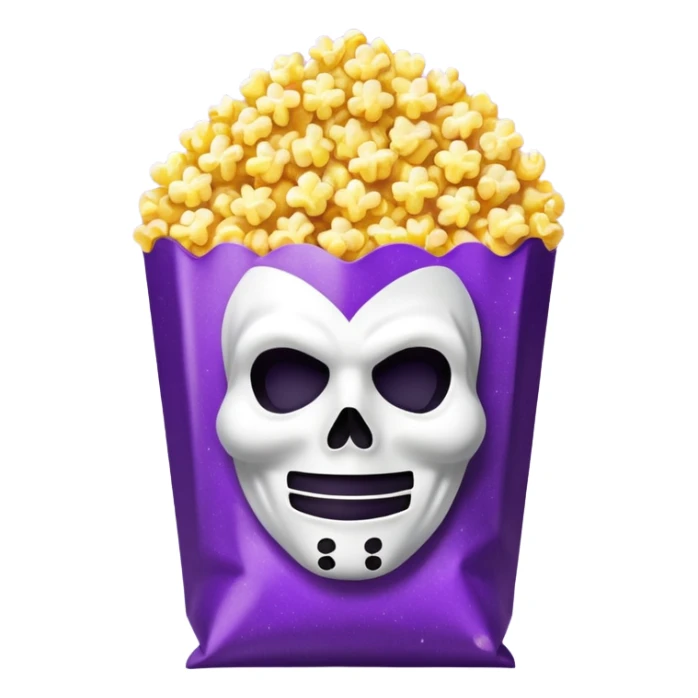 Glitter purple and yellow popcorn with ghostface mask in packaging sticker