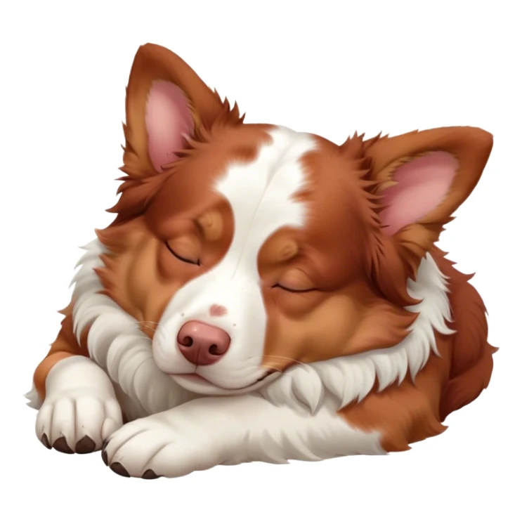 Cinematic Chubby Sleeping Red and White Merle Australian Shepherd Portrait Emoji, Chubby and serene, with a round, adorable build and a striking red and white merle coat, eyes gently closed in peaceful slumber, Simplified yet irresistibly endearing features, highly detailed, glowing with a gentle, dreamy glow, high shine, relaxed and content, stylized with a touch of whimsy, bright and heartwarming, soft glowing outline, capturing the essence of a blissfully sleepy herder, so comically serene it feels like it could roll out of the screen and snore with adorable charm! sticker