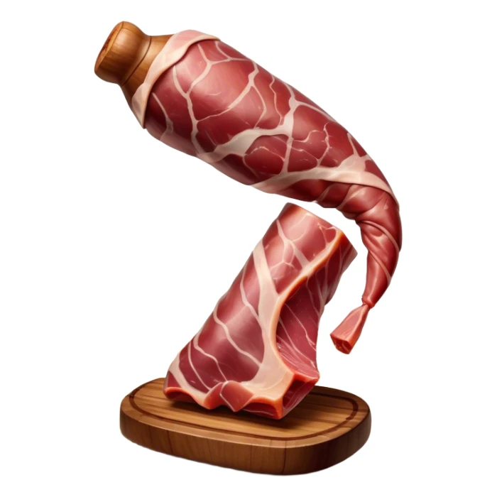 ​Cinematic Realistic Spanish Jamón Leg, depicted as a massive, cured leg of Jamón serrano with a deep reddish-brown hue, intricately marbled and slightly glossy with age, elegantly displayed on a rustic wooden stand and bathed in warm, soft lighting that accentuates its artisanal heritage, sticker