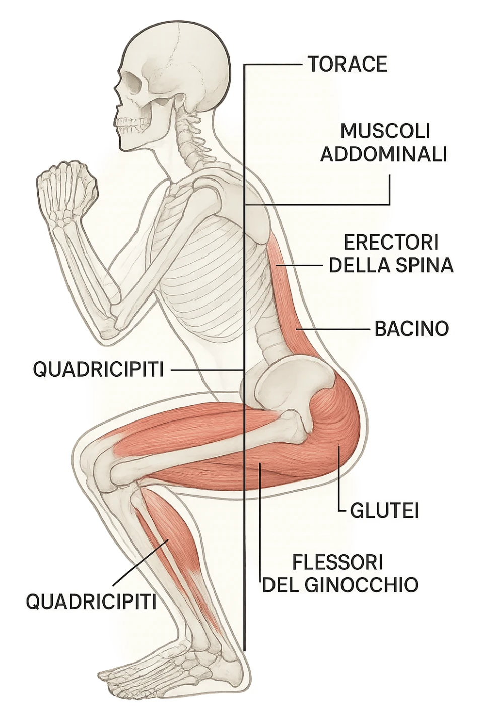 side view of a human figure performing a squat, with transparent overlays showing the skeletal structure. A straight line or highlighted axis connects the pelvis (bacino) and the ribcage (torace), demonstrating correct alignment. Key muscles involved in maintaining posture are labeled. Clean, educational style, white background. sticker