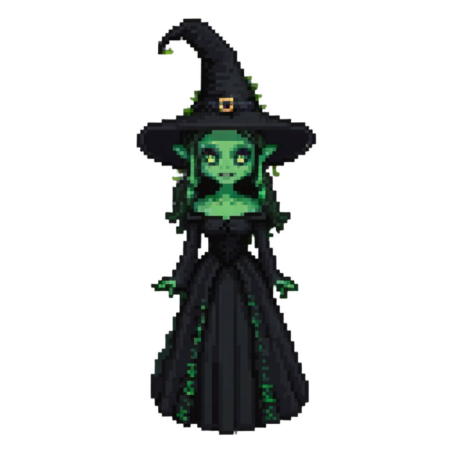 Elphaba from Wicked, green-skinned witch with a black pointed hat and black dress sticker