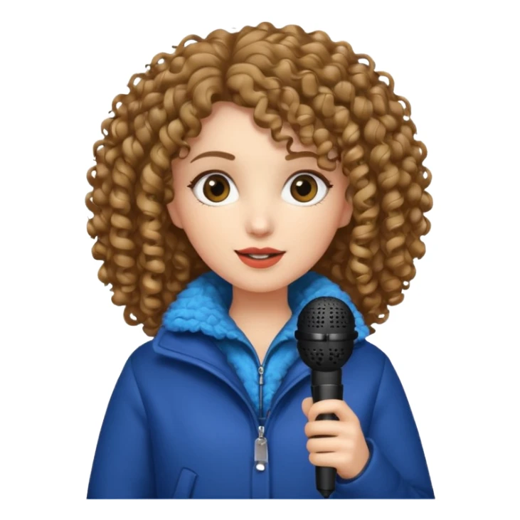 curly haired woman with winter clothes holding microphone sticker