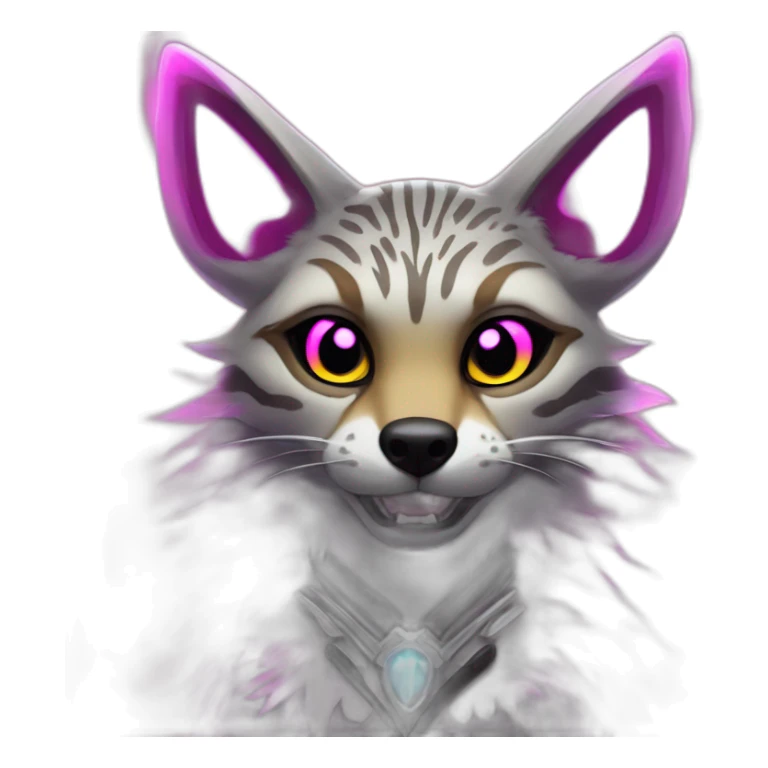 Coyote ocelot with grey and black fur and phoenix wings and pink ears half skeleton, neon lights sticker