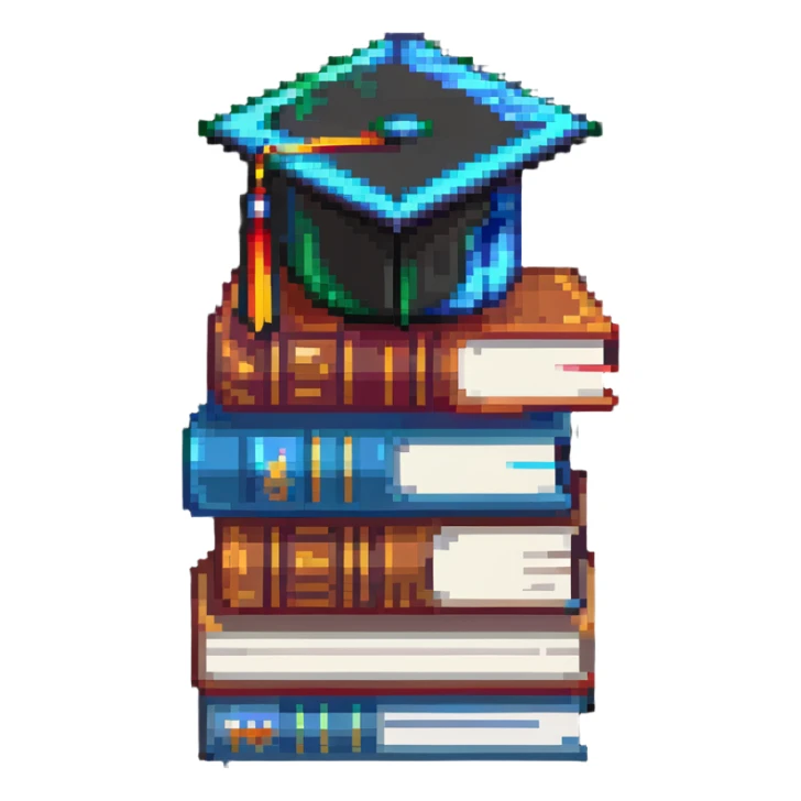 Terraria style pixel art stack of colorful books with a graduation cap on top sticker
