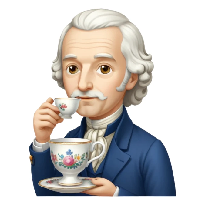 Adam Smith, 18th century economist with beard and wavy hair, drinking tea from a teacup sticker