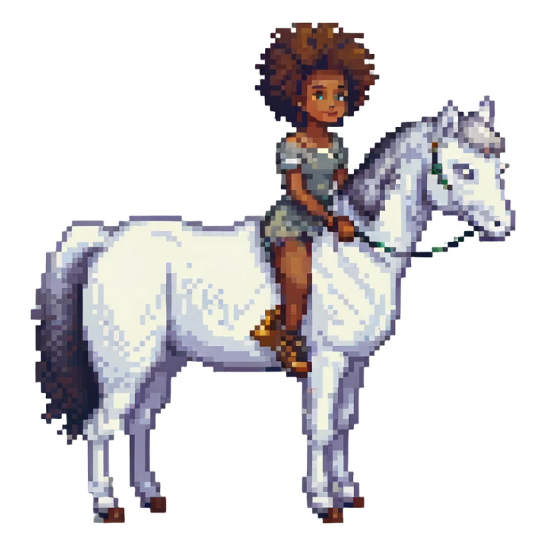 black girl with afro petting a white horse, pixel art style sticker