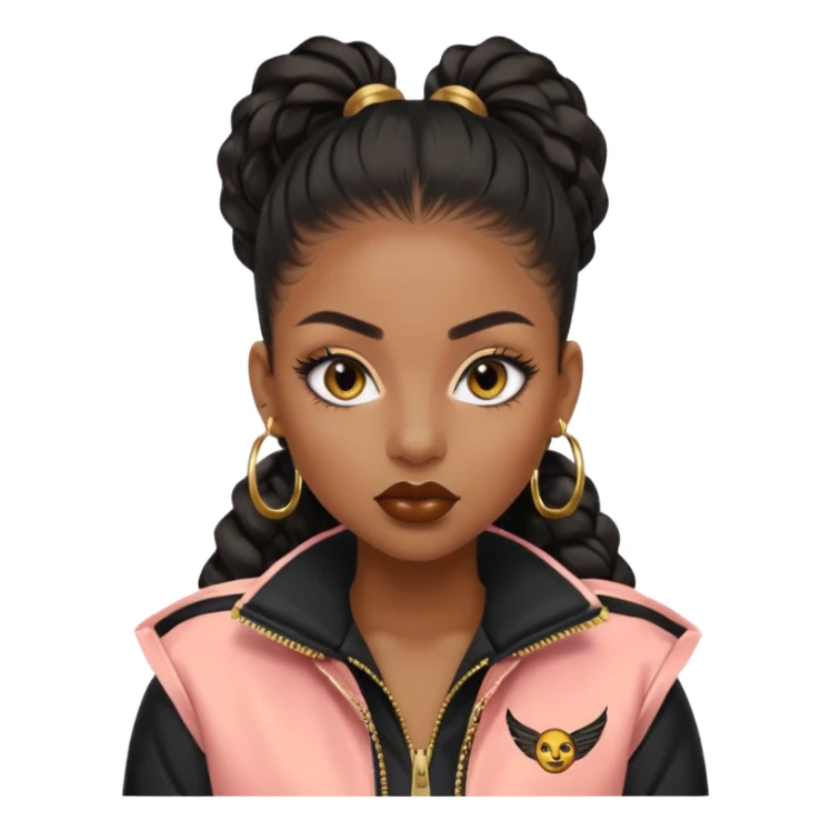 “black Emoji girl, fierce confident expression, sharp black winged eyeliner, bold brows, matte nude lips, long curled lashes, sleek high ponytail, gold hoop earrings, sporty streetwear jacket.” sticker