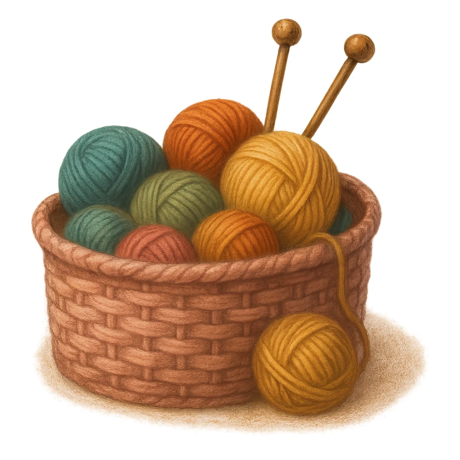 pink basket of yarn and knitting needles, cozy sticker
