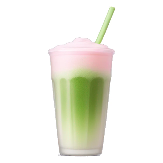 Clear long cup, no handle, with light pink drink, matcha foam sticker