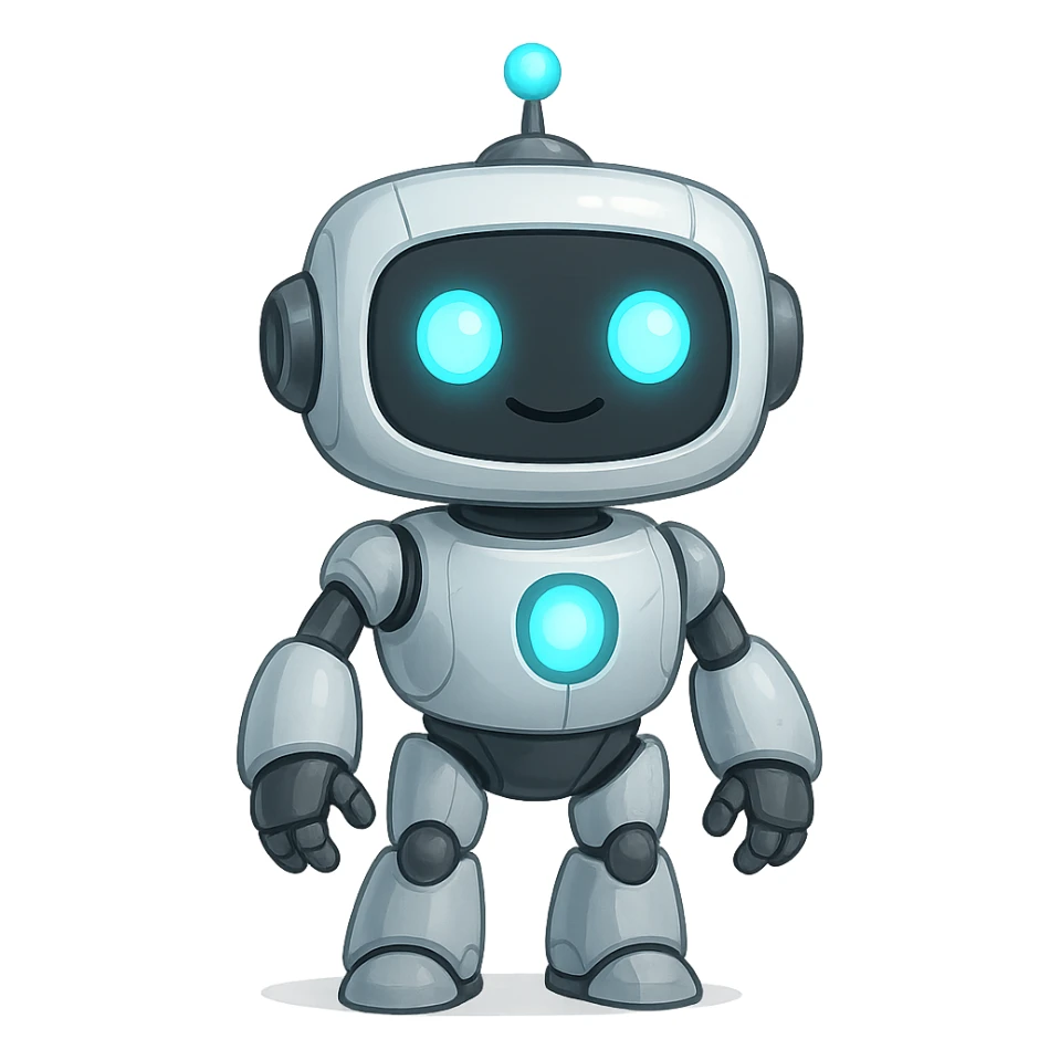 a friendly AI robot with glowing eyes, futuristic and approachable design sticker