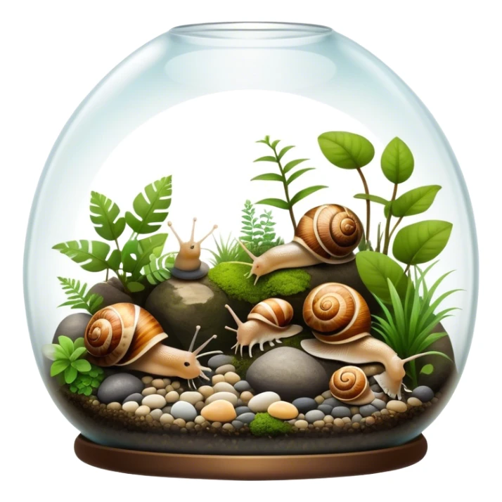 A collection of various snails and mollusks inside a big, lush terrarium with plants and moss. Some snails are crawling along the glass while others rest on pebbles. The scene is serene with soft lighting, showcasing the natural beauty of the mollusks. Transparent background. sticker