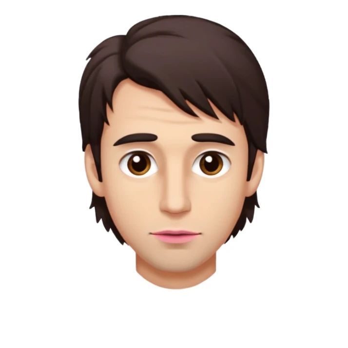 Handsome white man with big brown eyes thin pink lips long nose and dark brown messy hair cover his forhead sticker