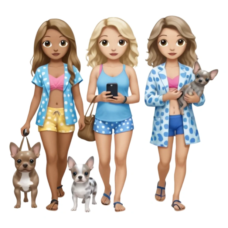 Three pretty women in beach clothes one walking a blue and gray spotted Merle Frenchie, one walking a black with tan chihuahua puppy, one holding iPhone, hazel eyed light skin with dark blonde long hair and light light skin hazel eyed long wavy brown hair, blue eyed light skin long blonde hair  sticker