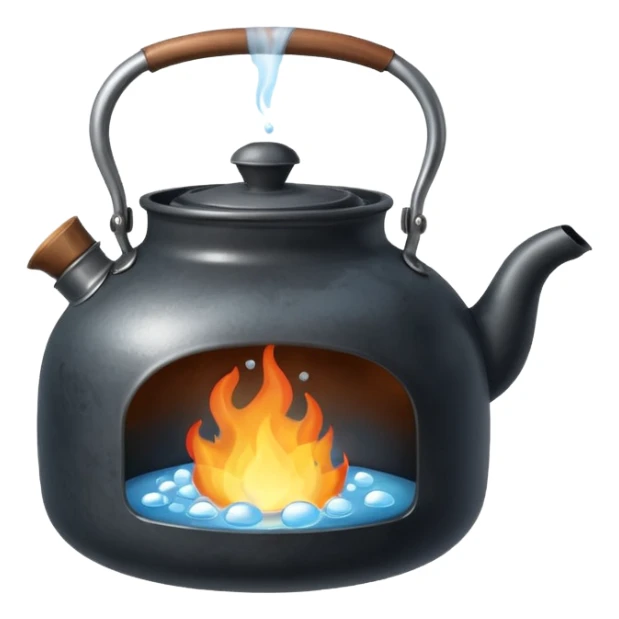 a small pot or kettle filled with water placed on fire, the water is boiling intensely with visible steam and bubbles rising, bright lighting, clean white background



 sticker