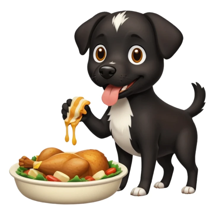 Can you create a black dog with a white stripe chasing it’s own tails and eating chicken sticker