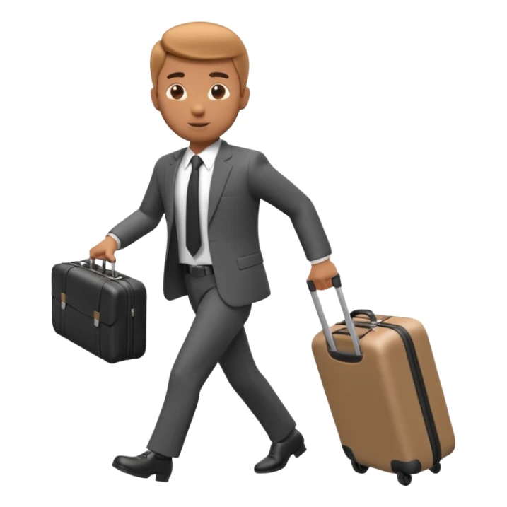 A 3D cartoon man in formal clothes pulling a suitcase behind him, slight motion blur, Memoji-style. sticker