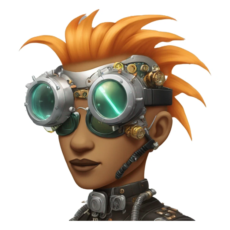 Light orange Mohawk hair make cyborg head with silver steampunk goggles and circuits sticker