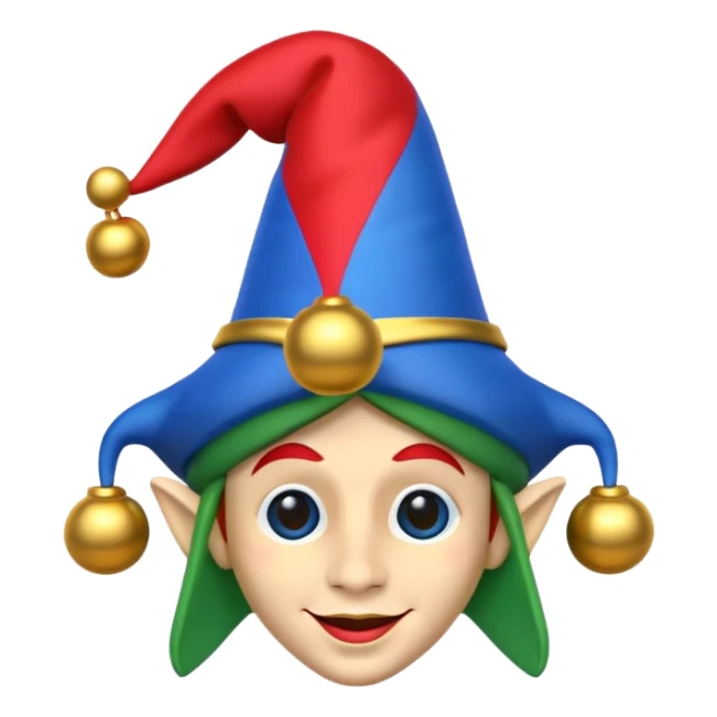 A 3D cartoon jester hat in red, blue, and green with bells, simple light background, Memoji-style rendering. sticker