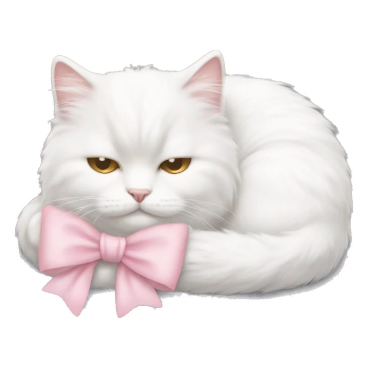 Sleeping white fluffy cat with a light pink bow on the head sticker