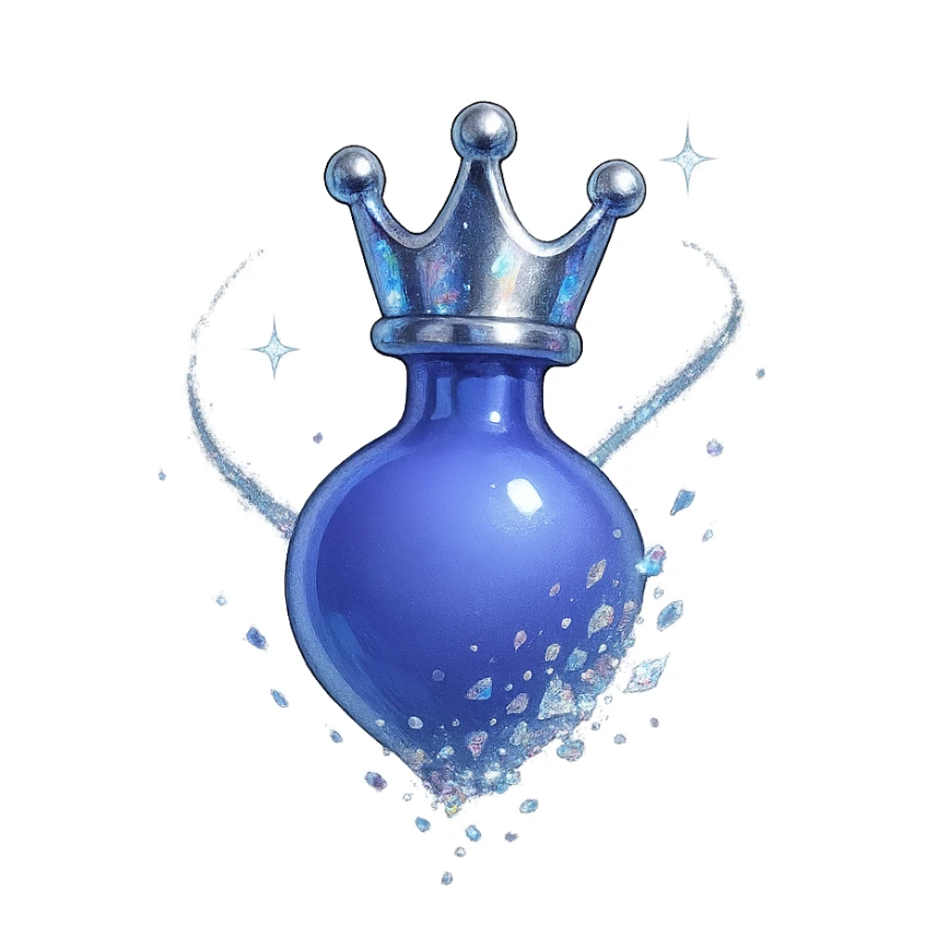 modernus galutinis prabangus labai mažas eliksyro buteliukas, karūnos forma viršuje, spalva #7986cb, apačia apvali ir uždara, sklandžiai susijungia su karūna, visas buteliukas atrodo tarsi plūduriuotų ir sklaidytųsi ore, ryškios sidabrinės ir holografinės detalės, stiprūs magiški efektai, labai mažas kaklelis, skaidrus fonas, vientisa apvali apačia, be šešėlio, kolekcijos stilius, dar mažesnės proporcijos sticker