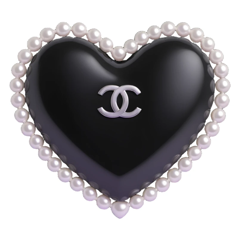 glossy black heart with a string of pearls around it, featuring a silver Chanel logo in the center, elegant, black and white color scheme sticker