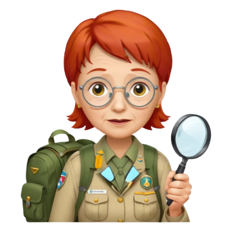 scout old woman backpack and magnifying glass, red sticker