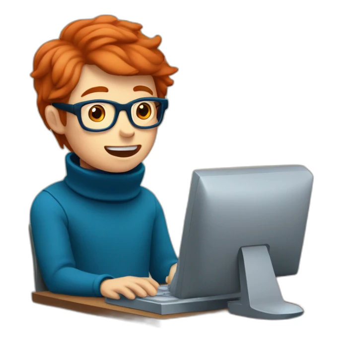 a red-haired boy with glasses and blue eyes in a turtleneck works at the computer and sings sticker