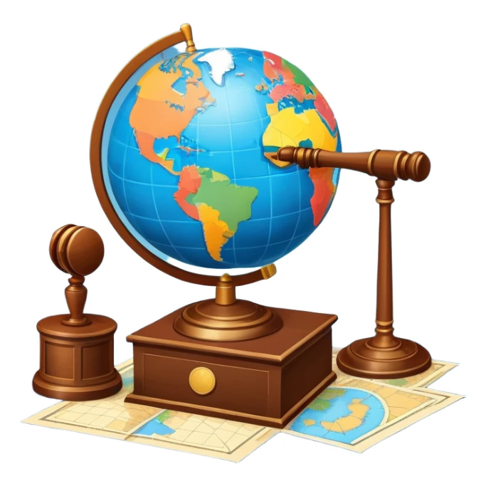 An icon featuring a globe with a gavel and a political map, symbolizing political science. The design includes a ballot box and a podium, representing democracy and governance. Transparent background highlights the study of political systems and global relations. sticker