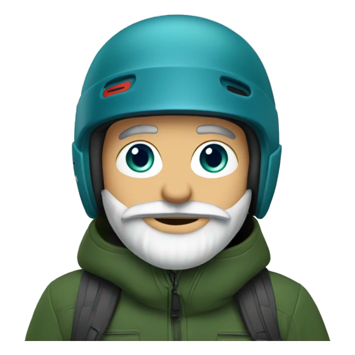 Snowboarder with a red helmet, blue eyes, grey beard, dark green jacket sticker
