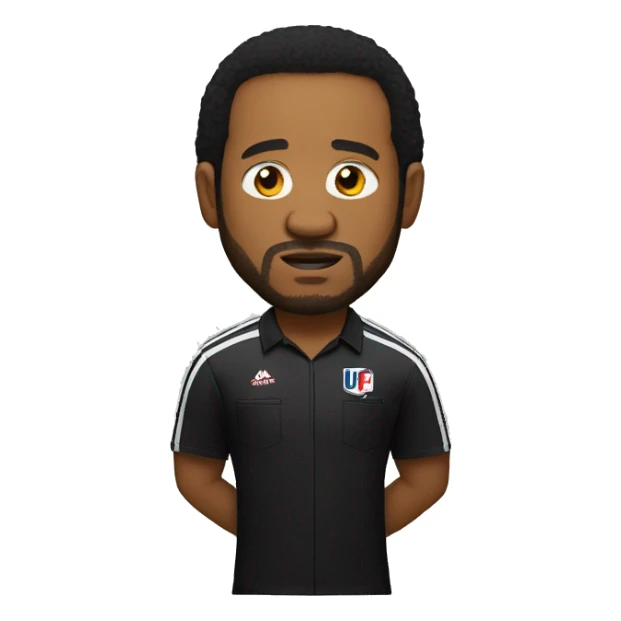 ufc referee herb dean shrugging his shoulders with a black shirt sticker