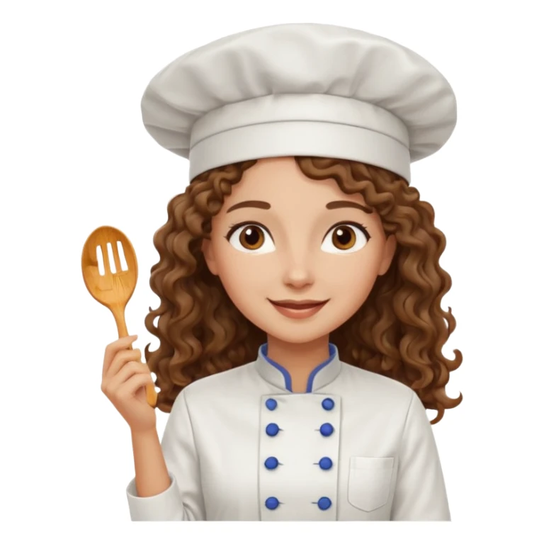 Long curly hair, happy, wearing chef uniform and chef hat sticker