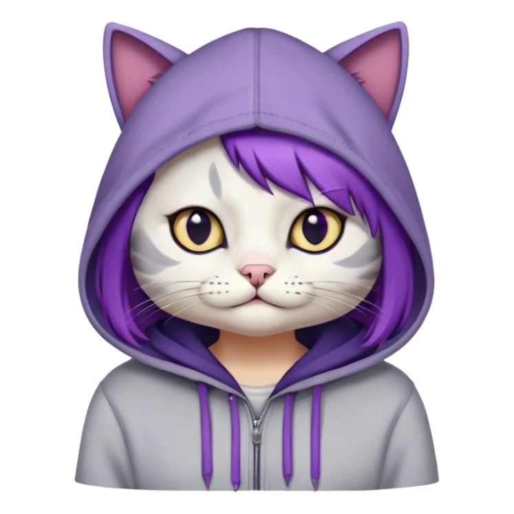 Stylized cat with purple bob styled hair, large circular half-lidded eyes with black eyeliner, a small oval nose, a permanent grimace, dark gray fur, off-white hoodie sticker