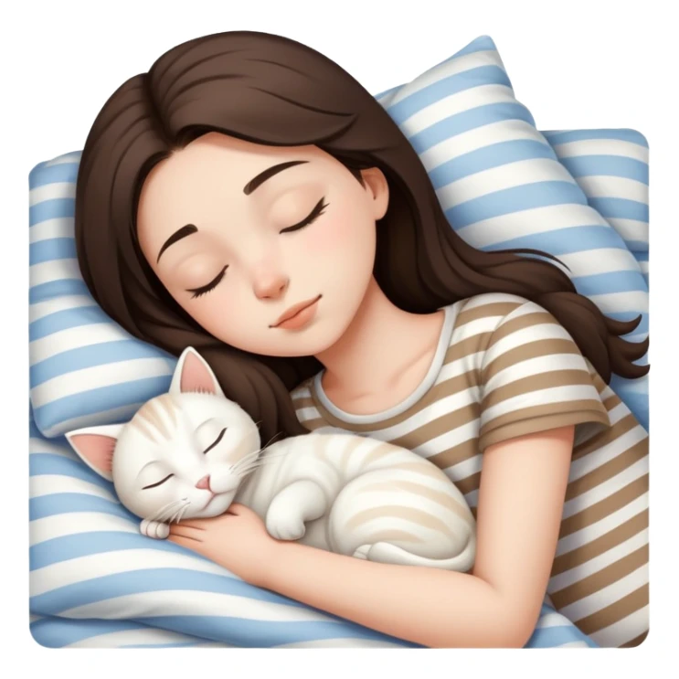 Brunette teenage girl sleeping with white cat that has beige stripes sticker