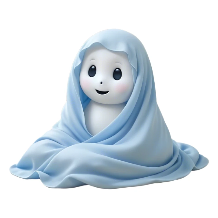 An adorable, peacefully floating sheet-like ghost in gentle pastel whites and blues, its soft, rounded form loosely draped, head resting with closed, serene sparkling eyes and a tiny, contented smile, simplified yet irresistibly charming, highly detailed, with a soft glowing outline that captures the essence of a sleepy, endearing spirit wrapped in cozy slumber! sticker
