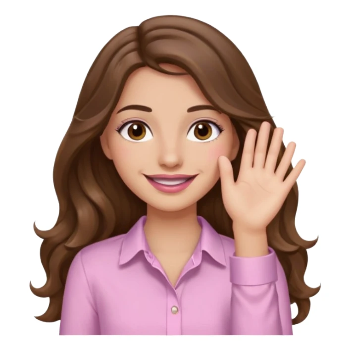 girl with wavy long brown hair, brown eyes, light to medium complexion, long lashes, light pink lipstick, wearing light pink shirt, smiling, hands over the eyes sticker
