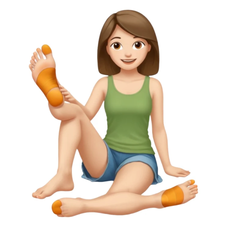 a woman sitting barefoot with one talking detailed pretty face on each foot's sole sticker