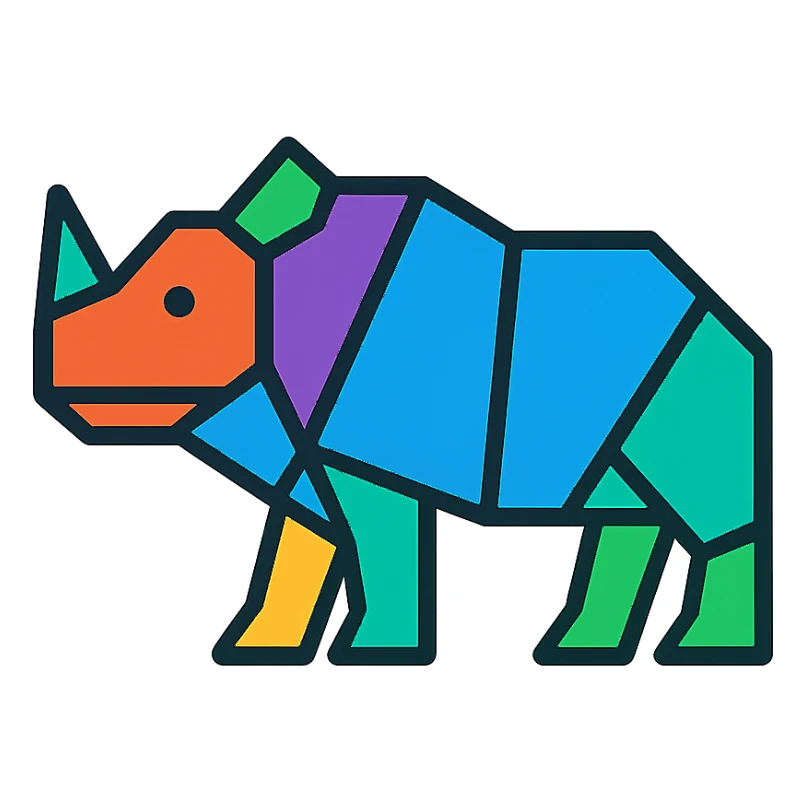 geometric rhinoceros icon, basic shapes, clear lines, stylized horn, modern icon style sticker