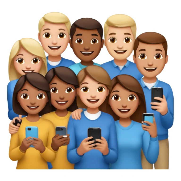 a crowd of people with happy faces and holding phone sticker