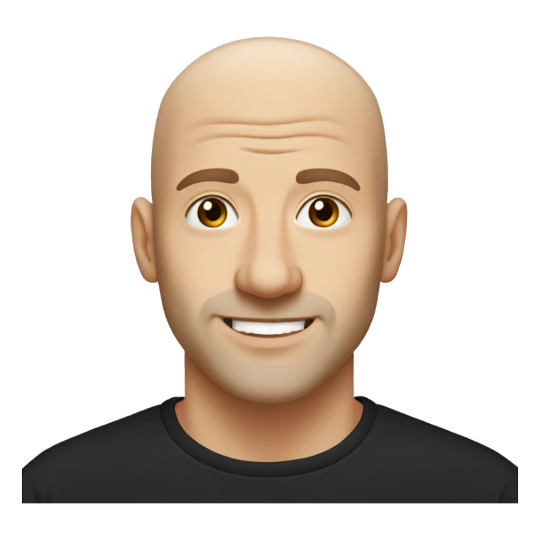 White man bald and middle bard brown eyes and happy face, black tshirt sticker